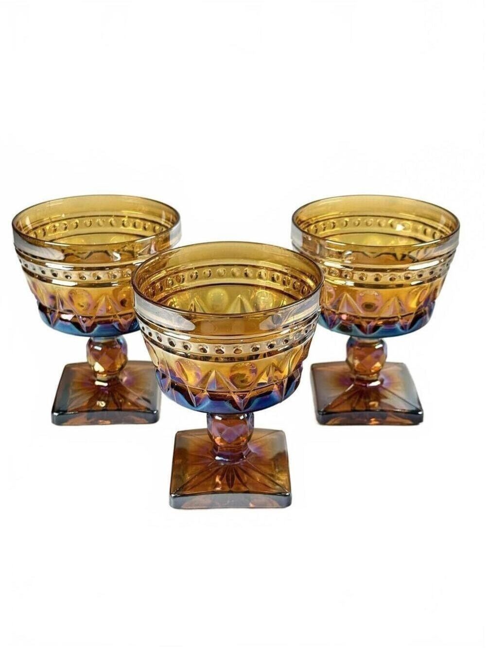 Set of 3 Indiana Glass Amber Carnival Iridescent Dessert Sherbet Square Base